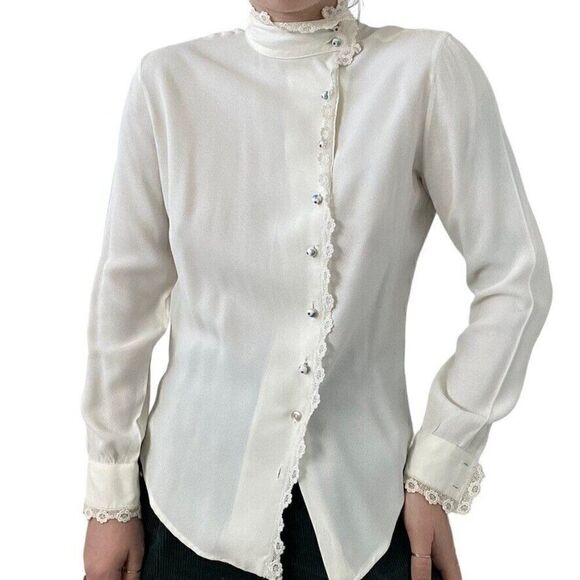 Vintage Ellen Tracy White Romantic Dark Academia Floral Button Blouse Sz S - Picture 4 of 11